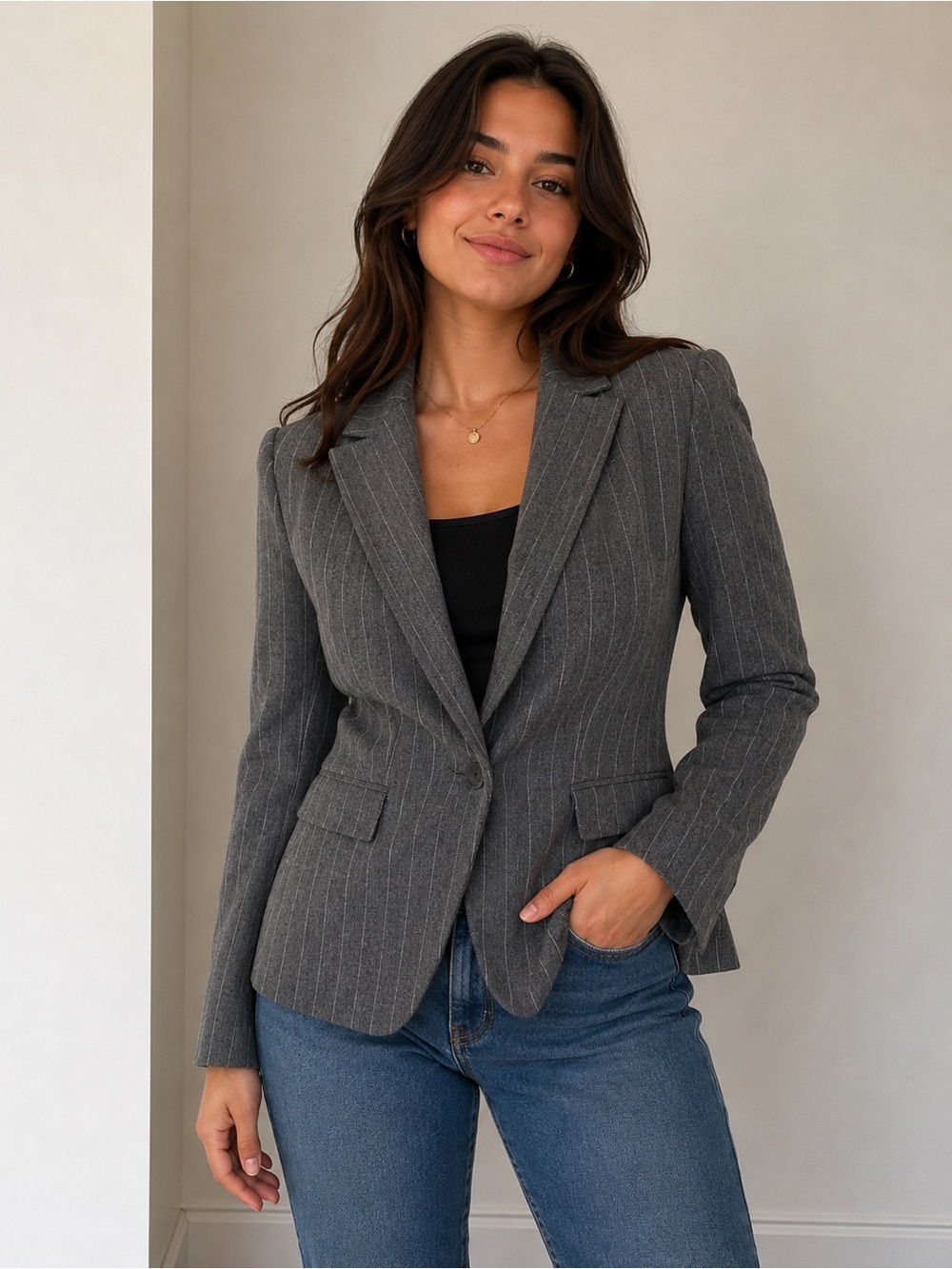 Express  Gray Pinstripe Tailored Blazer Career Office Jacket Size 8